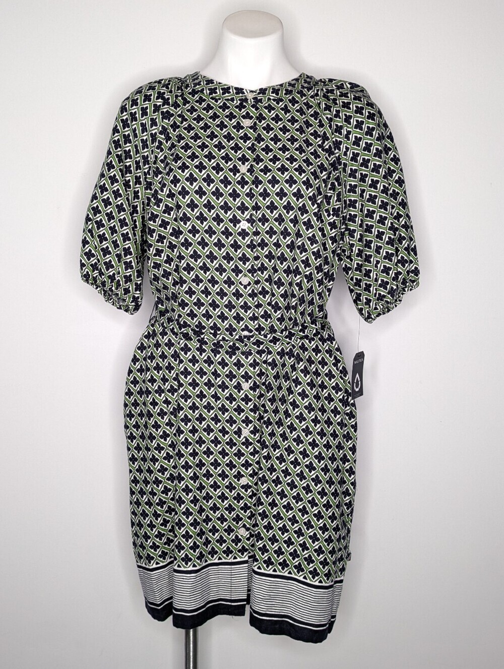 NWT Nautica Green Blue Geometric Floral Short Sleeve Linen Blend Dress L
